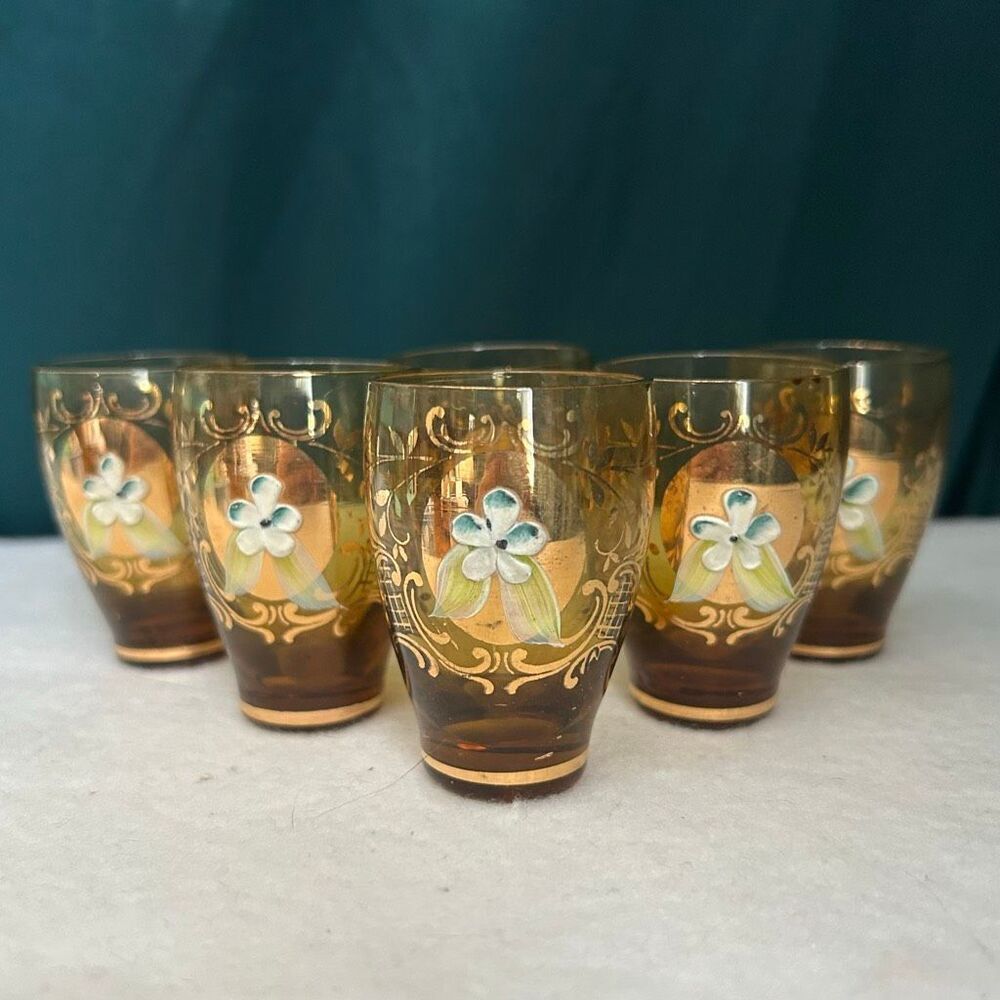 6 Vintage Venetian Murano Amber Cordial Glasses 24k Gold